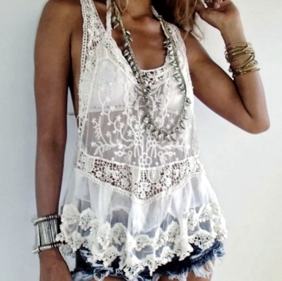 NEW Boho Sheer Lace Racerback Tank Cover Up Tunic Top Mesh Floral White - Picture 4 of 8